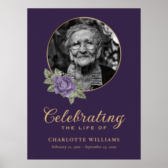 Purple Gold Floral Funeral Photo Welcome Sign (Front)