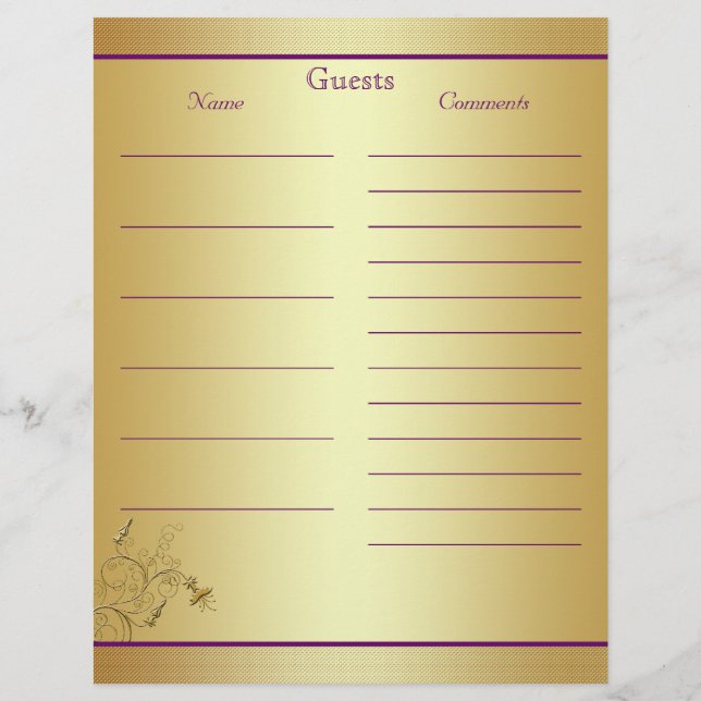 Purple Gold Floral Guest Book Paper (Front)