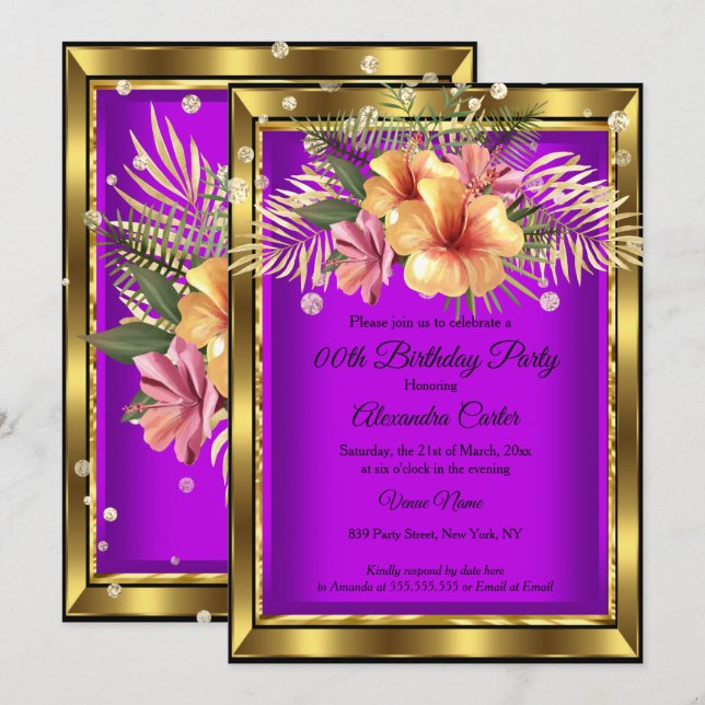 Purple Gold Floral Hibiscus Birthday Party Invitation (Front/Back)