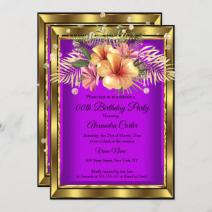 Purple Gold Floral Hibiscus Birthday Party Invitation
