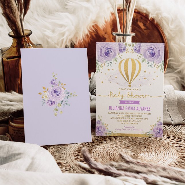 Purple Gold Floral Hot Air Balloon Baby Shower Invitation (Creator Uploaded)