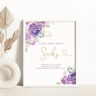 Purple gold floral How many socks baby shower game Poster