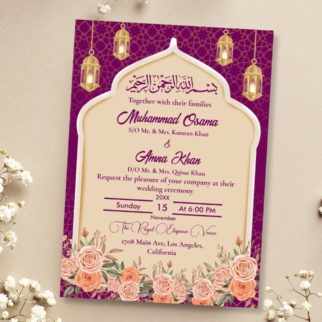 Purple Gold Floral Islamic Muslim Wedding Invitation (Creator Uploaded)
