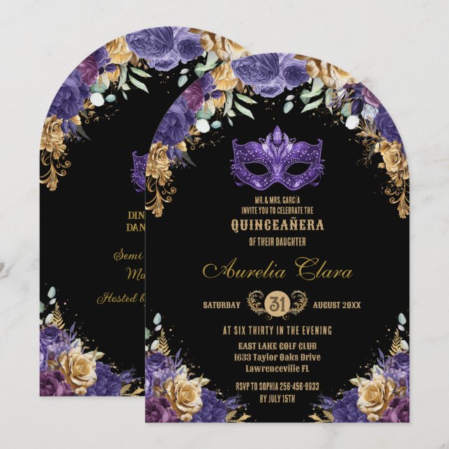Purple Gold Floral Masquerade Ball Quinceañera Invitation (Front/Back)