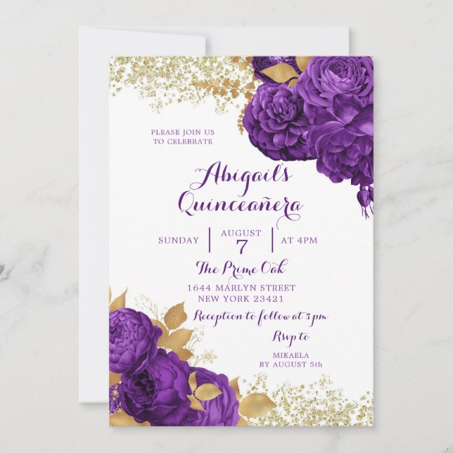 Purple Gold Floral Mexican Quinceañera Invitation (Front)