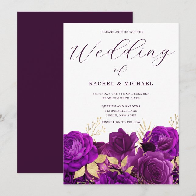 Purple & Gold Floral Modern Wedding Invitation (Front/Back)
