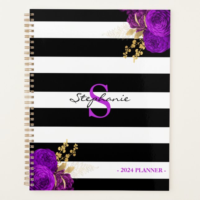 Purple Gold Floral Monogram Black Stripes 2024 Planner (Front)
