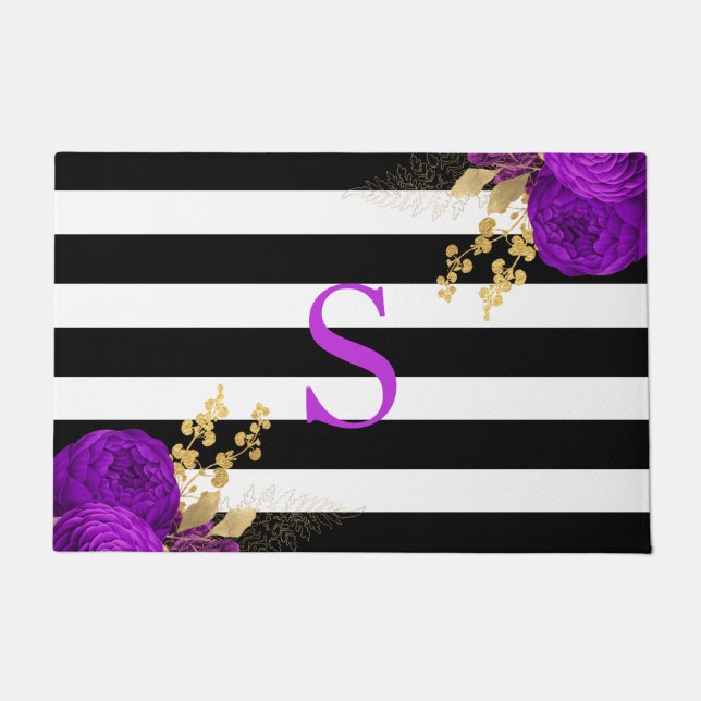 Purple Gold Floral Monogram Black White Stripes Doormat (Front)