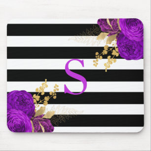 Purple Gold Floral Monogram Black White Stripes Mouse Mat