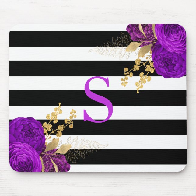 Purple Gold Floral Monogram Black White Stripes Mouse Mat (Front)