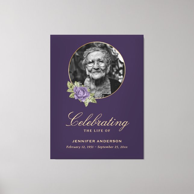 Purple Gold Floral Photo Funeral Welcome Sign (Front)