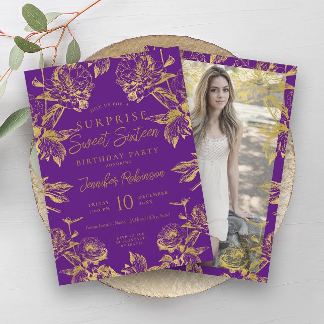 Purple Gold Floral Photo SURPRISE Sweet 16   Invitation (Purple Gold Floral Photo SURPRISE Sweet 16 Invitation)
