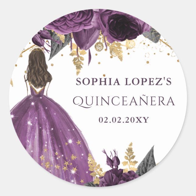 Purple Gold Floral Princess Quinceanera   Classic Round Sticker (Front)