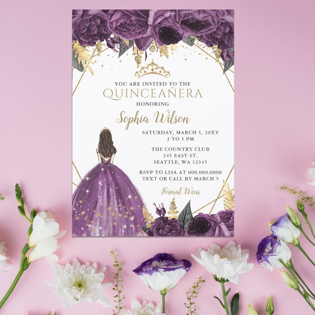 Purple Gold Floral Princess Quinceañera  Invitatio Invitation (Purple Gold Floral Princess Quinceañera  Invitation)