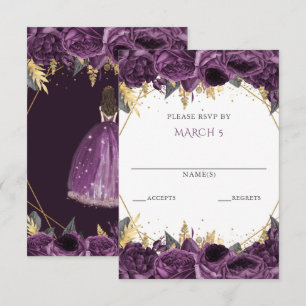 Purple Gold Floral Princess Quinceanera RSVP Card