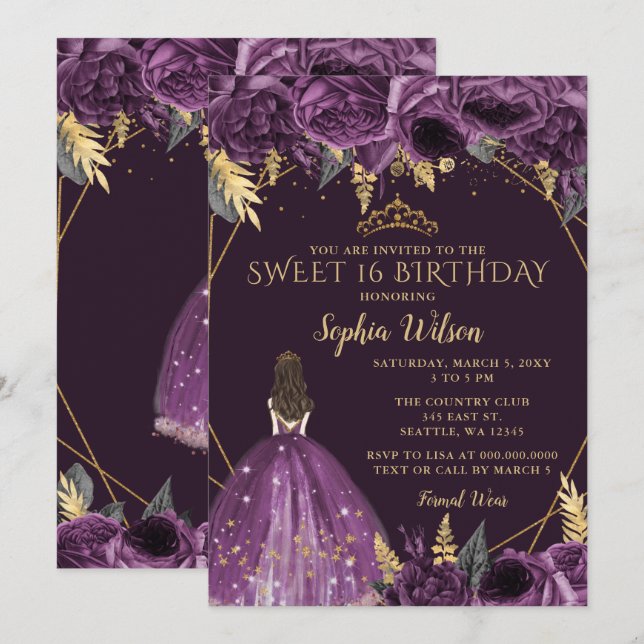 Purple Gold Floral Princess Sweet 16 Invitation (Front/Back)
