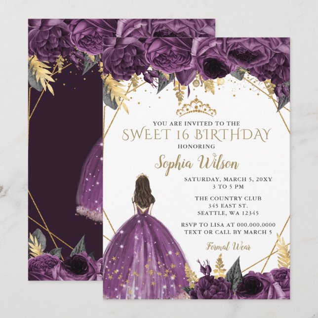 Purple Gold Floral Princess Sweet 16 Invitation (Front/Back)