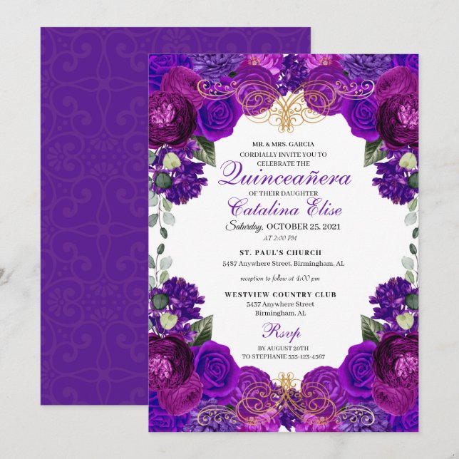 Purple & Gold Floral Quinceanera Birthday Invitation (Front/Back)