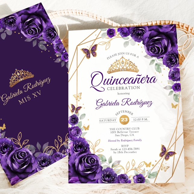 Purple Gold Floral Quinceanera Invitation (Creator Uploaded)