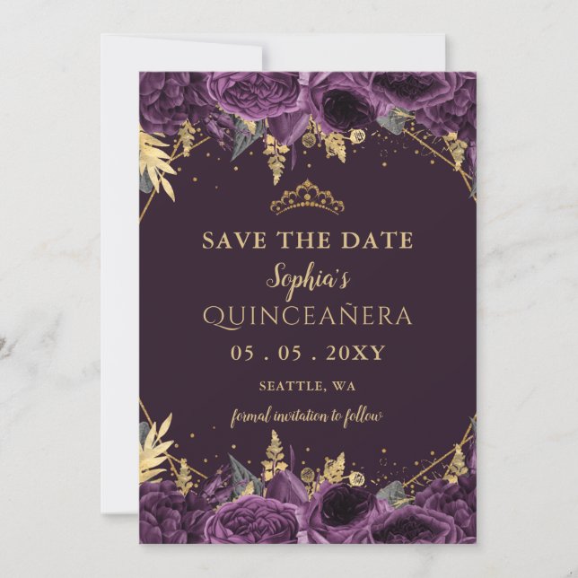 Purple Gold Floral Quinceañera  Save the Date Announcement (Front)