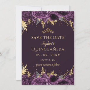 Purple Gold Floral Quinceañera  Save the Date Announcement