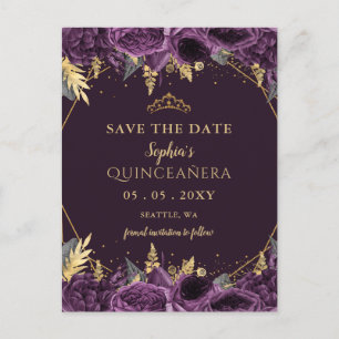 Purple Gold Floral Quinceañera Save the Date Announcement Postcard