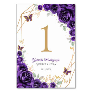 Purple Gold Floral Quinceanera Table Number