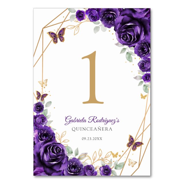 Purple Gold Floral Quinceanera Table Number (Front)