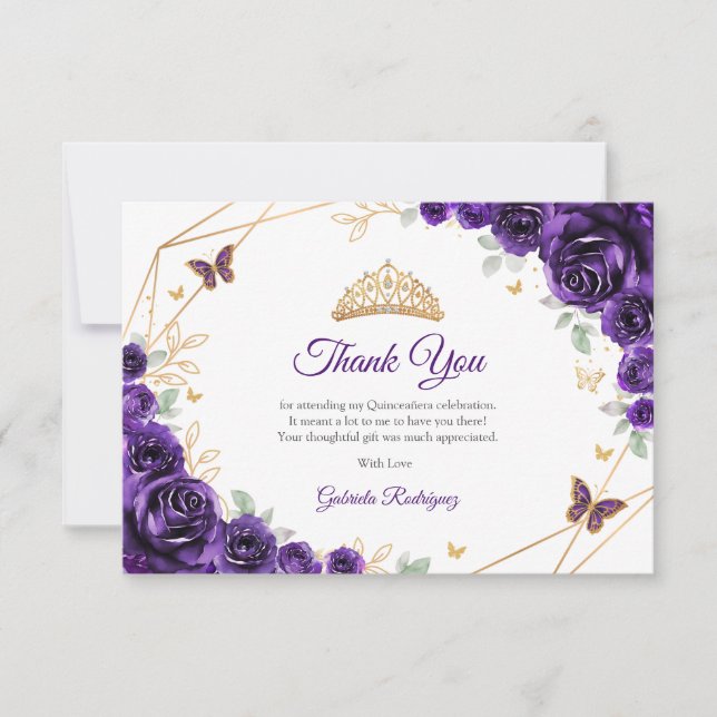 Purple Gold Floral Quinceanera Thank You Card (Front)