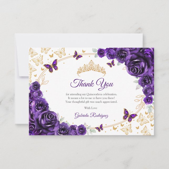 Purple Gold Floral Quinceanera Thank You Card (Front)