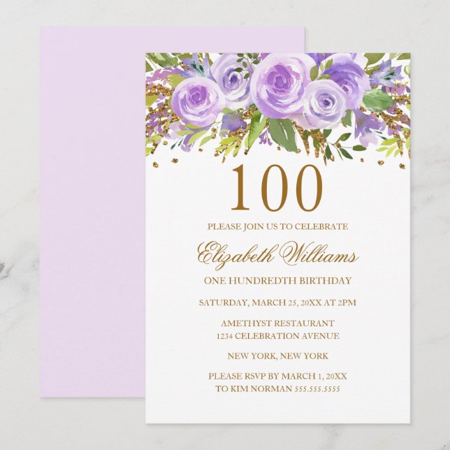 Purple Gold Floral Rose 100th Birthday Invitation (Front/Back)