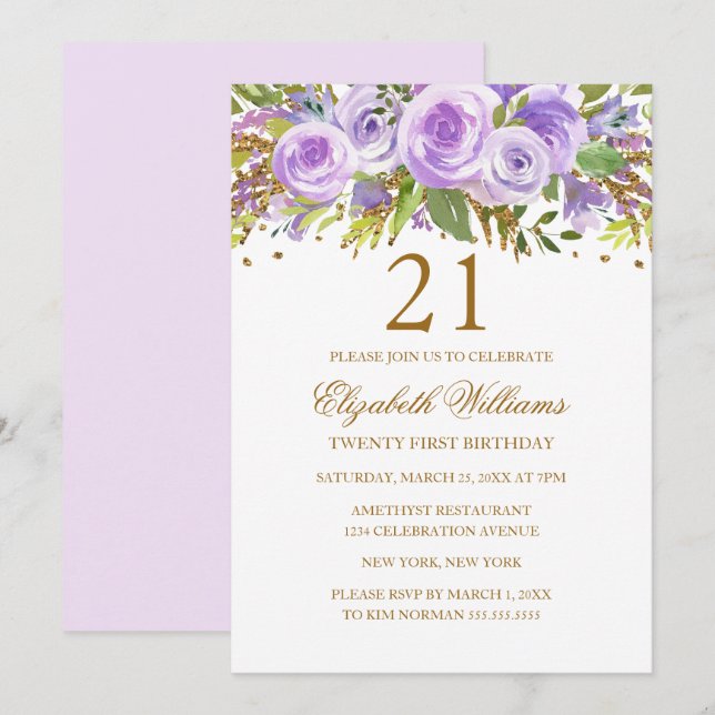 Purple Gold Floral Rose 21st Birthday Invitation (Front/Back)