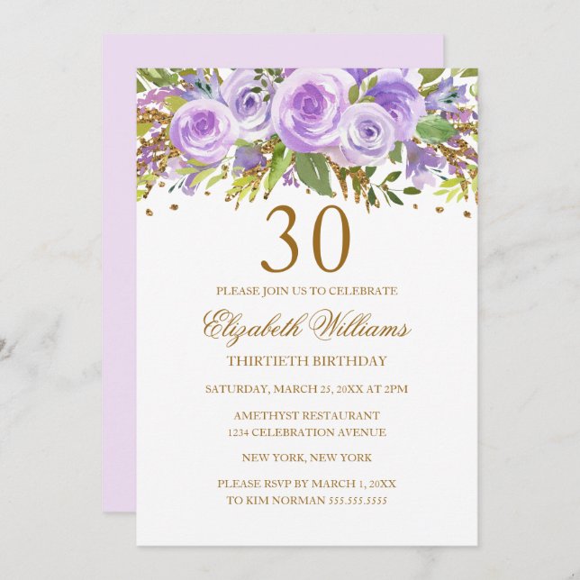 Purple Gold Floral Rose 30th Birthday Invitation (Front/Back)