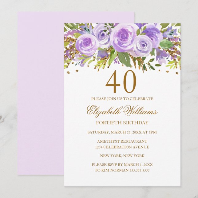 Purple Gold Floral Rose 40th Birthday Invitation (Front/Back)