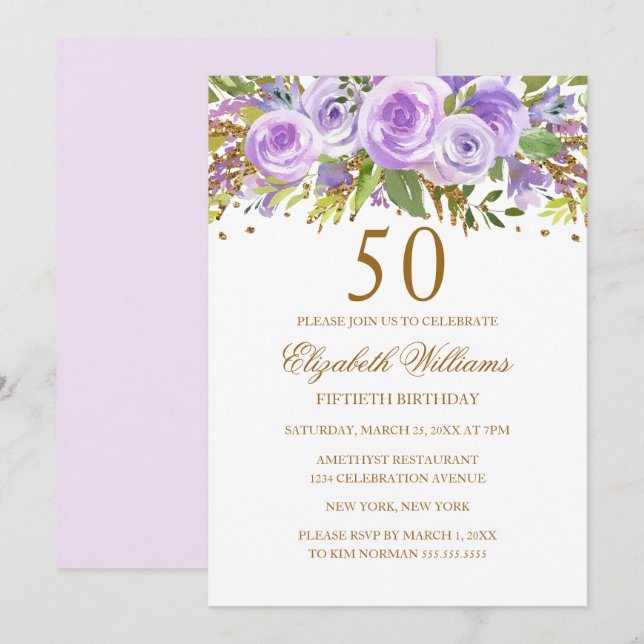 Purple Gold Floral Rose 50th Birthday Invitation (Front/Back)