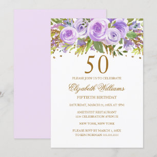Purple Gold Floral Rose 50th Birthday Invitation