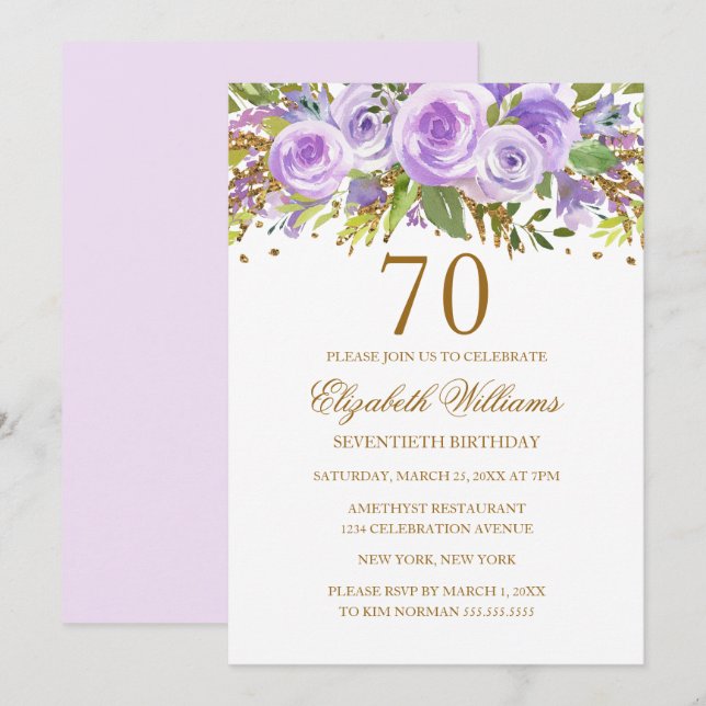 Purple Gold Floral Rose 70th Birthday Invitation (Front/Back)