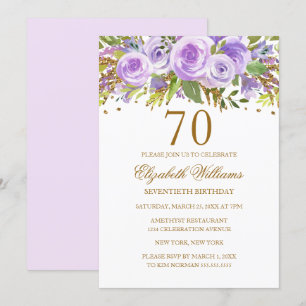 Purple Gold Floral Rose 70th Birthday Invitation