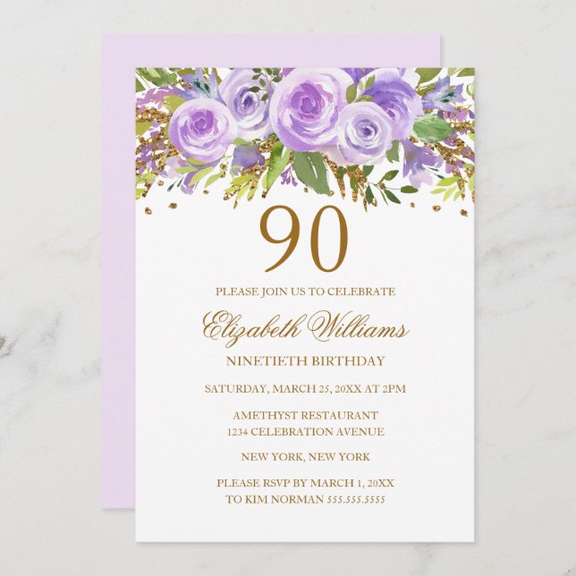 Purple Gold Floral Rose 90th Birthday Invitation (Front/Back)