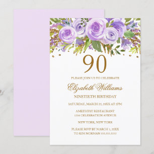 Purple Gold Floral Rose 90th Birthday Invitation