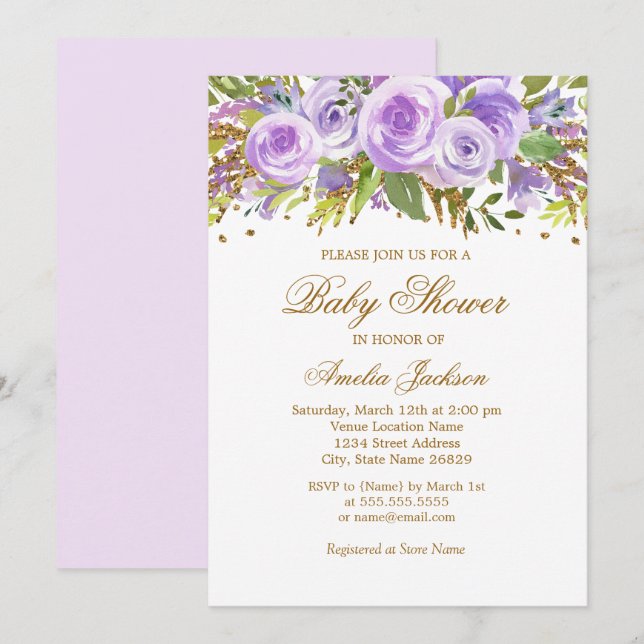 Purple Gold Floral Rose Baby Shower Invitation (Front/Back)