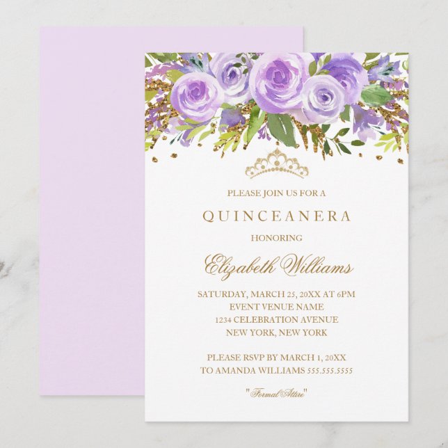 Purple Gold Floral Rose Quinceanera Invitation (Front/Back)