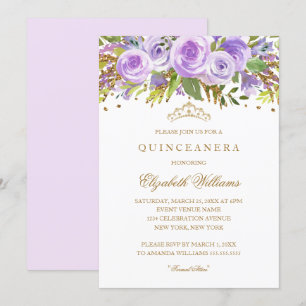 Purple Gold Floral Rose Quinceanera Invitation