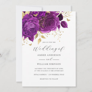 Purple Gold Floral Rose Wedding   Invitation