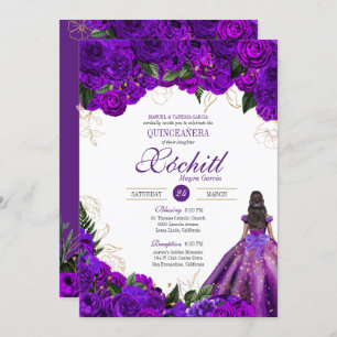 Purple Gold Floral Roses Elegant Quinceanera Invitation