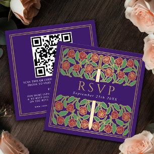 Purple Gold Floral Royal Wedding RSVP QR Code  Enclosure Card