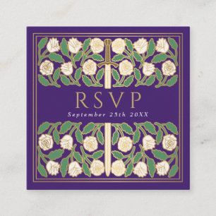 Purple Gold Floral Royal Wedding RSVP QR Code Enclosure Card