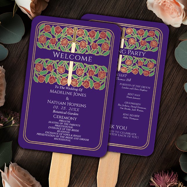 Purple Gold Floral Sword Royal Wedding Program Hand Fan (Creator Uploaded)
