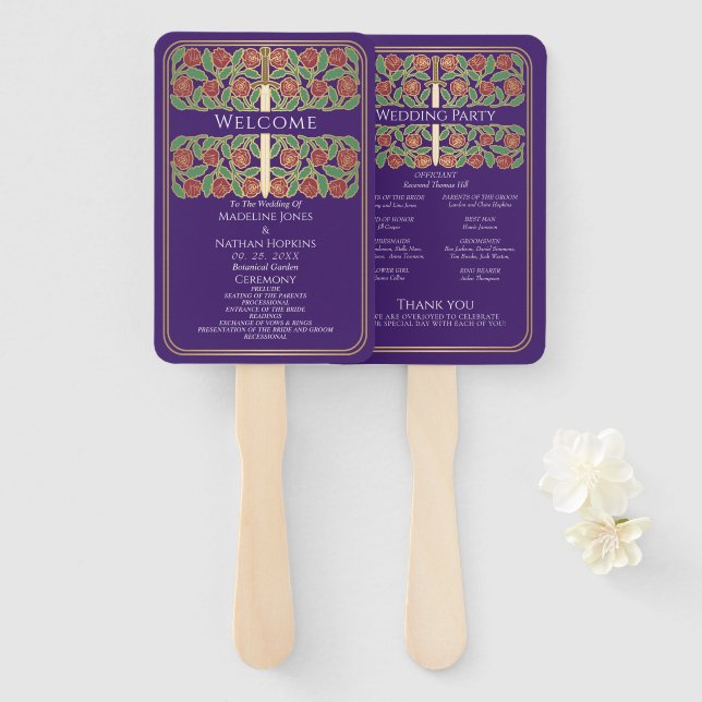 Purple Gold Floral Sword Royal Wedding Program Hand Fan (Front and Back)