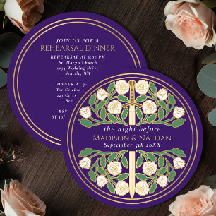 Purple Gold Floral Sword Royal Wedding Rehearsal Invitation